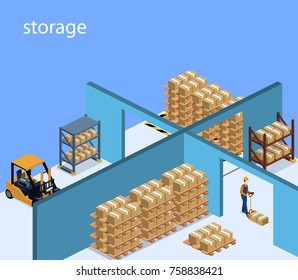 Isometric 3D vector illustration warehouse with a forklift, goods and people. Logistic process in the warehouse