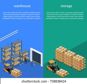 Isometric 3D vector illustration warehouse with a forklift, goods and people. Logistic process in the warehouse