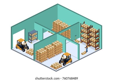 Isometric 3D vector illustration warehouse with a forklift, goods and people. Logistic process in the warehouse