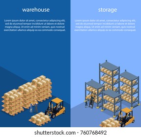 Isometric 3D vector illustration warehouse with a forklift, goods and people. Logistic process in the warehouse