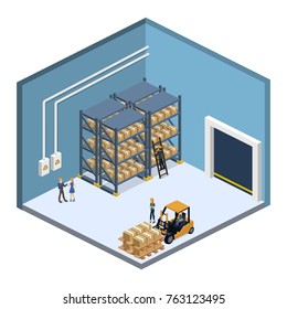 Isometric 3D vector illustration warehouse with a forklift, goods and people. Logistic process in the warehouse