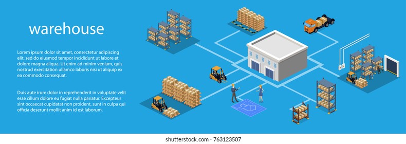 Isometric 3D vector illustration warehouse with a forklift, goods and people. Logistic process in the warehouse