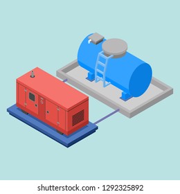 Isometric 3d vector illustration - Waste and Housekeeping in Construction Management, consists of generator, and water tank - Infographic