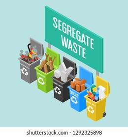 Isometric 3d vector illustration - Waste and Housekeeping in Sites Management - wood, concrete, metal, plastic, bricks small recycle bins