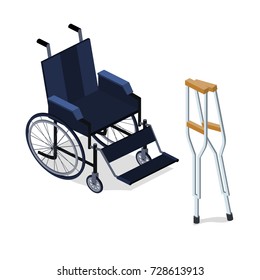 Isometric 3D vector illustration wheelchair and crutches without man