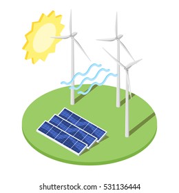 Isometric 3d vector illustration of windmill and solar panels. Alternative energy. Icon for web. Isolated on white background.
