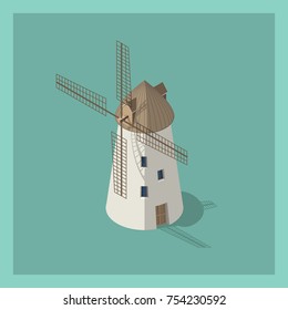 Isometric 3d vector illustration of windmill. Alternative energy. Isolated model in flat, cartoon style. Agriculture concept. Environmental friendly. Icon for web. Isolated on white background.