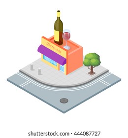 Isometric 3d vector illustration of wine shop, that sells alcoholic drinks.City landscape. 