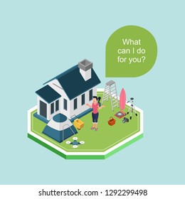 Isometric 3d vector illustration - a woman standing in front of house offering help to use her stuffs - Tent, ladders, surfboard- Landing page