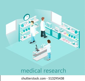 Isometric 3D vector interior of science laboratory. medical research pharmaceutical illustration