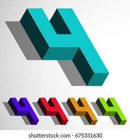 Isometric 3d vector number four in multiple colors.