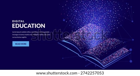 Isometric 3d vector open book made of dots. Abstract modern glowing illustration. Concept design for knowledge, education and digital technology