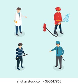 Isometric 3d vector profession people. Doctor, fireman,  thief, policeman