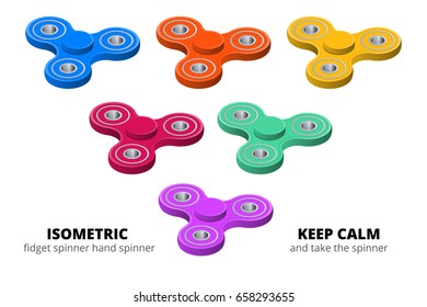 Isometric 3d vector set of  fidget spinners  or hand spinners. Fidget toys for increased focus, stress relief. 