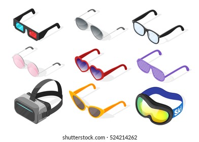 Isometric 3d vector set of glasses. Isolated on white background.