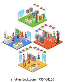 Isometric 3D vector shopping in clothes store