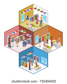 Isometric 3D vector shopping in clothes store