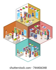 Isometric 3D vector shopping in clothes store