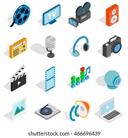 Isometric 3d video icons set. Illustration of video vector icons isolated. Camera, radio and movie media production signs