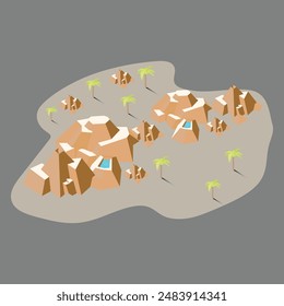 Isometric 3d view of Arabian desert with mountains and palm trees vector illustration.