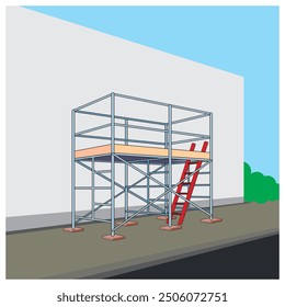 Isometric and 3D view of completed scaffolding installation for work at height working platform. Vector illustration of construction equipment.