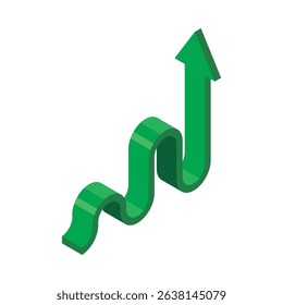 Isometric and 3D view of green arrow growth concept. Up and down movement at a smooth angle and ends with an upward arrow.