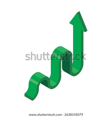 Isometric and 3D view of green arrow growth concept. Up and down movement at a smooth angle and ends with an upward arrow.