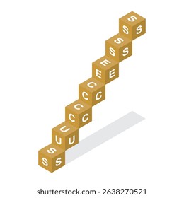 Isometric and 3D view of a set of brown wooden blocks spelling out the word SUCCESS in a staircase arrangement illustration.