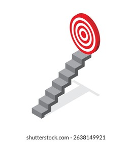 An isometric and 3d view of a staircase leading upwards to a circular red board target illustration.