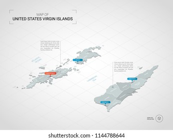 Isometric  3D Virgin Islands
 map. Stylized vector map illustration with cities, borders, capital , administrative divisions and pointer marks; gradient background with grid. 
