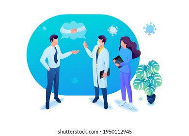 Isometric 3D. Virus Can Be Transmitted Through a Handshake. Keeps a Social Distance And Wears Masks. Web Design.