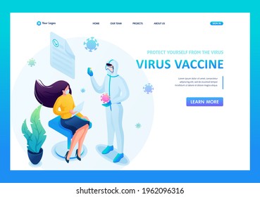 Isometric 3D. Virus Vaccine. Signature Of The Vaccination Document. Landing Page