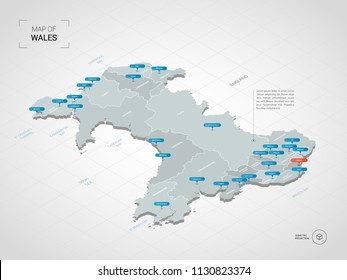 Isometric  3D Wales map. Stylized vector map illustration with cities, borders, capital Cardiff, administrative divisions and pointer marks; gradient background with grid. 
