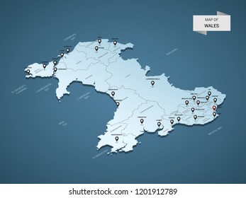 Isometric 3D Wales map,  vector illustration with cities, borders, capital, administrative divisions and pointer marks; gradient blue background.  Concept for infographic.