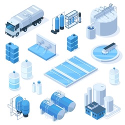 Isometric 3d Water Purification Industrial System Technology Facilities. Industrial Water Tanks, Pumping Station Vector Illustration Set. Industrial Water Facilities With Cleaning And Filtrating Tools
