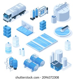 Isometric 3d water purification industrial system technology facilities. Industrial water tanks, pumping station vector illustration set. Industrial water facilities with cleaning and filtrating tools