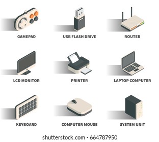 Isometric 3D web icon set - Gamepad, usb flash drive, router, monitor, printer, laptop, keyboard, computer mouse, system unit.