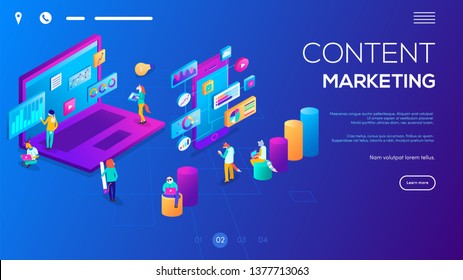 Isometric 3D website app landing web page template. Webinar, online video training, tutorial podcast concept. Students e-learning by webinar training and listening to businessman with charts on laptop