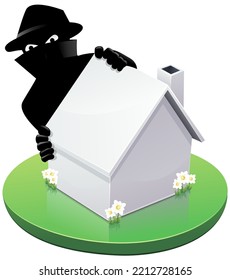 Isometric 3D White House With Black Masked Burglar Stealing The House (cut Out)