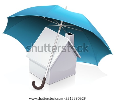 Isometric 3D white house under a blue umbrella illustrating home insurance (isolated)