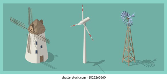 
Isometric 3d wind mills, rural building set. Alternative energy collection. Isolated models, flat, cartoon style. Agriculture concept. Environmental friendly. Web icon. Alternative sources of energy.