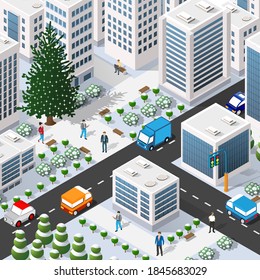 Isometric 3D winter Christmas illustration of the city quarter with houses, streets, people, cars. Stock illustration for the design and gaming industry.