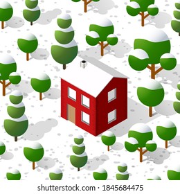 Isometric 3D winter Christmas illustration of the city quarter with houses, streets. Stock illustration for the design and gaming industry.