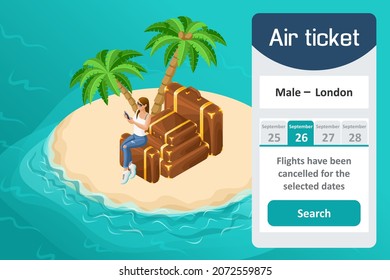 Isometric 3D women. Girl on a paradise island in the middle of the ocean, looking for air tickets during a pandemic. Vector illustration Kit.