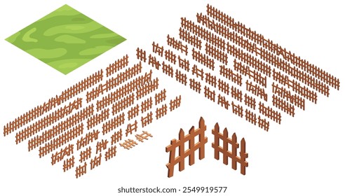 Isometrisches 3D-Holzzaunset. Sammlung von Cartoon langen und kurzen Wänden aus Holzbrettern und Brettern einzeln auf weißem Hintergrund. Gebrochene und gute Holzbarrieren, Vektorgrafik.