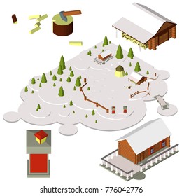 Isometric. 3d. Wooden House Of Logs In The Forest. Winter. Next To The Shed With Wood, An Axe, A Haystack. Village Farm. The House Of Santa Claus.