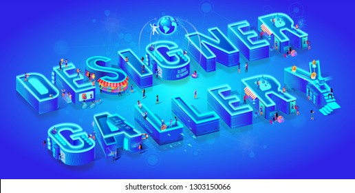 Isometric 3d Words Designer Gallery. Little People with Gadgets. Virtual and Augmented Reality, Global Network, Cyberspace, Mining, Investigations in Neon City Lifestyle. Flat Vector Illustration.