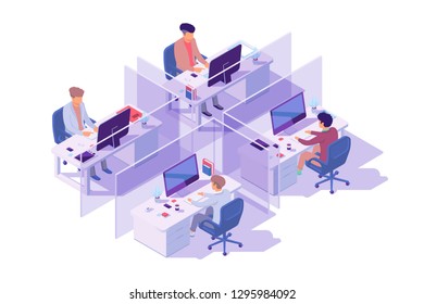 Isometric 3d workplace with four sections and businessman programmer at computer. Concept employee men with electronic device and equipment. Low poly. Vector illustration.