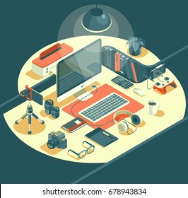 Isometric 3d workspace concept vector. Devices set on white background. Laptop, smart phone, tablet, player, desktop computer, glasses, cup of coffee, notebook, headphones.