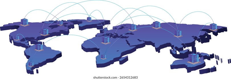 Um mapa de mundo isométrico 3D Conceito global, empresarial e tecnológico de conexões e transferência de informações no mundo destacando as conexões da cidade com servidores de dados